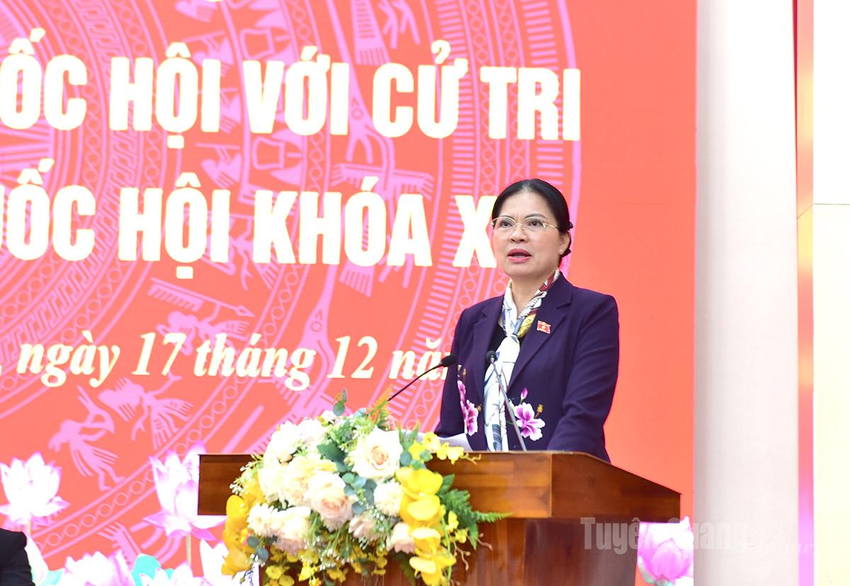 Soudruh Ha Thi Nga, místopředseda ústředního výboru Vietnamské vlastenecké fronty, hovoří na setkání s voliči v obci Ham Yen.
