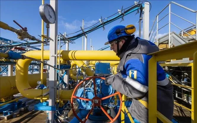 Công nhân vận hành đường ống dẫn khí đốt của Nga. Ảnh: Bloomberg/TTXVN