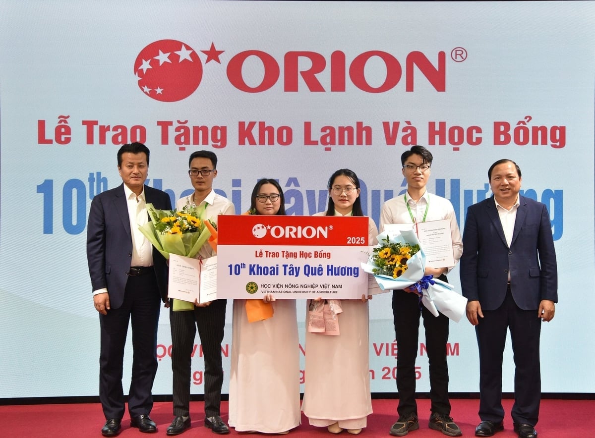 អាហារូបករណ៍ត្រូវបានប្រគល់ជូននិស្សិតនៃបណ្ឌិត្យសភាកសិកម្មវៀតណាម។ រូបថត៖ ឌឿងឌិញទឿង។ Trao học bổng cho các sinh viên Học viện Nông nghiệp Việt Nam. Ảnh: Dương Đình Tường.