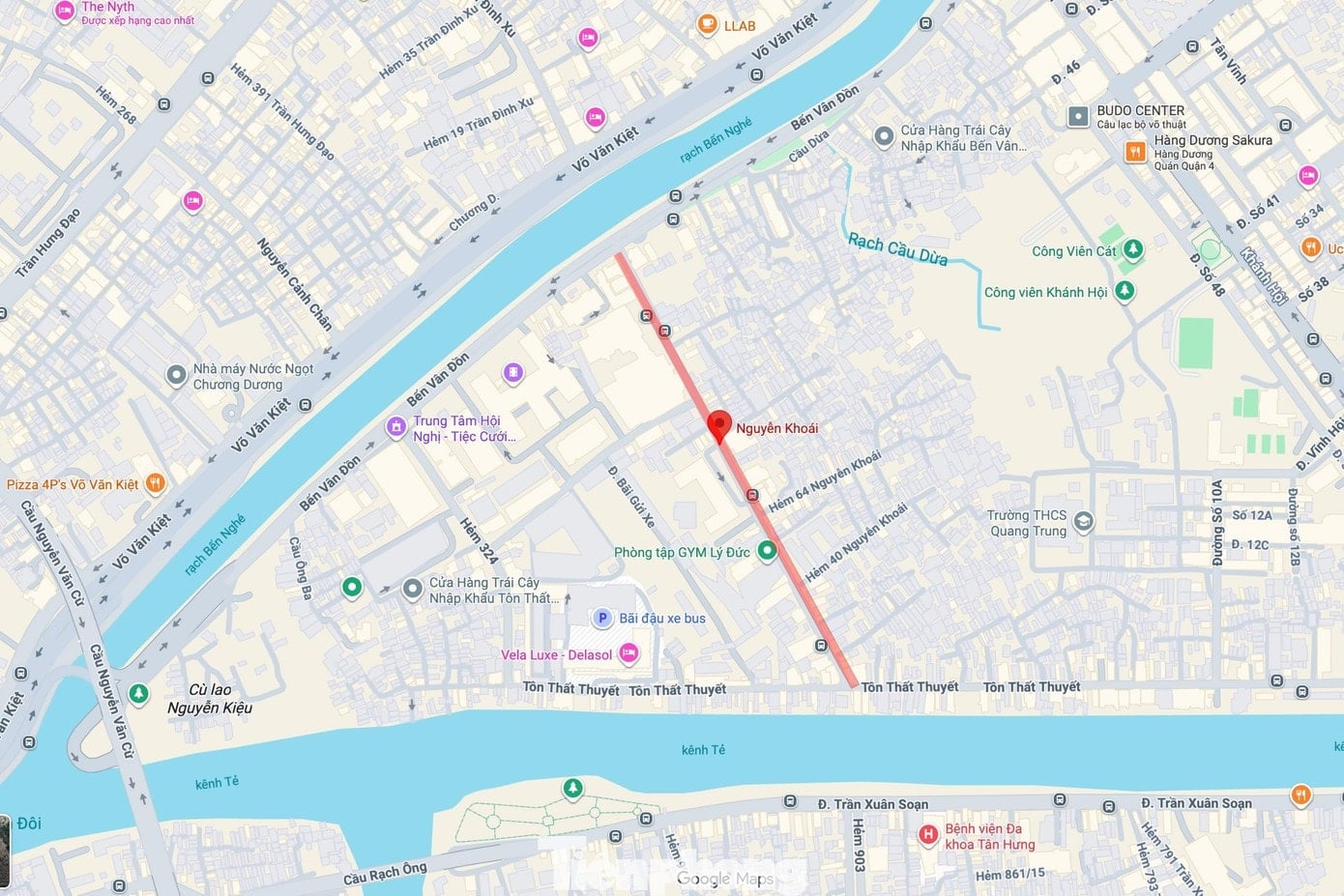 The location of the Nguyen Khoai bridge project on the map, connecting District 4 and District 7.