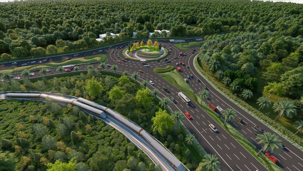 Perspektivní pohled na městskou železniční trať, úsek z letiště Phu Quoc do kongresového centra APEC.
