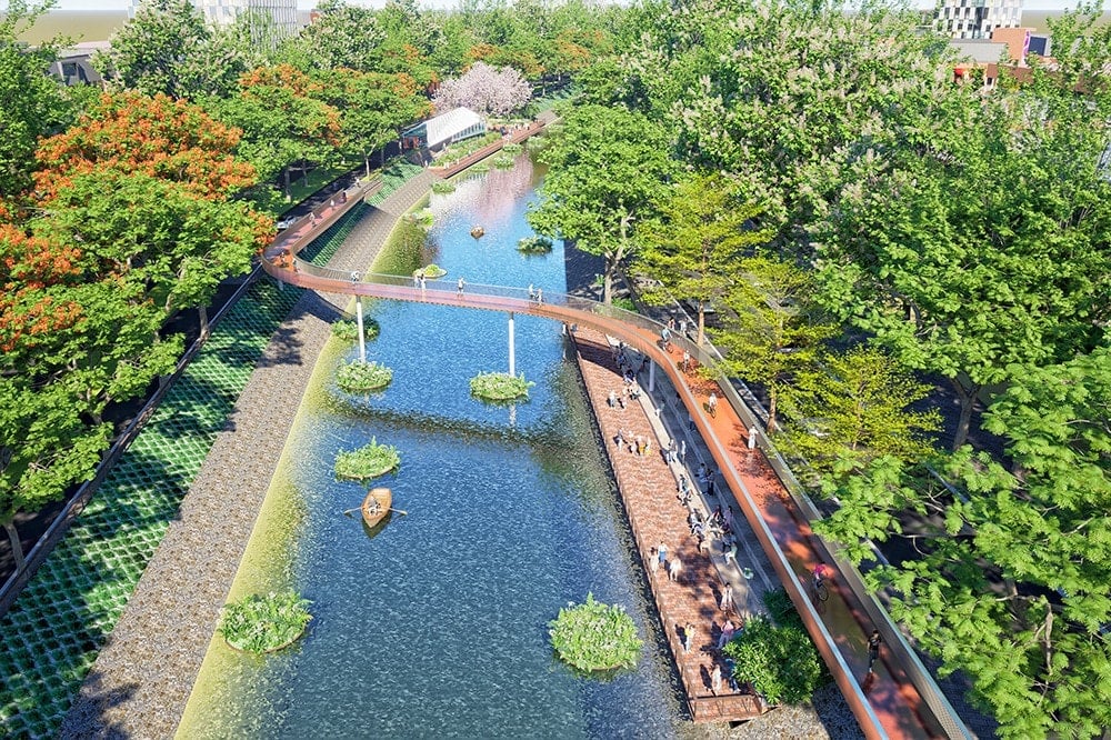 The project will feature several landmark architectural elements such as a pedestrian bridge.