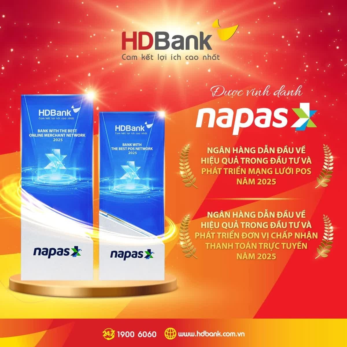 HDBank បញ្ជាក់ពីជំហរឈានមុខគេរបស់ខ្លួនជាមួយនឹងពានរង្វាន់ធំៗពីរសម្រាប់ហេដ្ឋារចនាសម្ព័ន្ធទូទាត់ពី NAPAS។