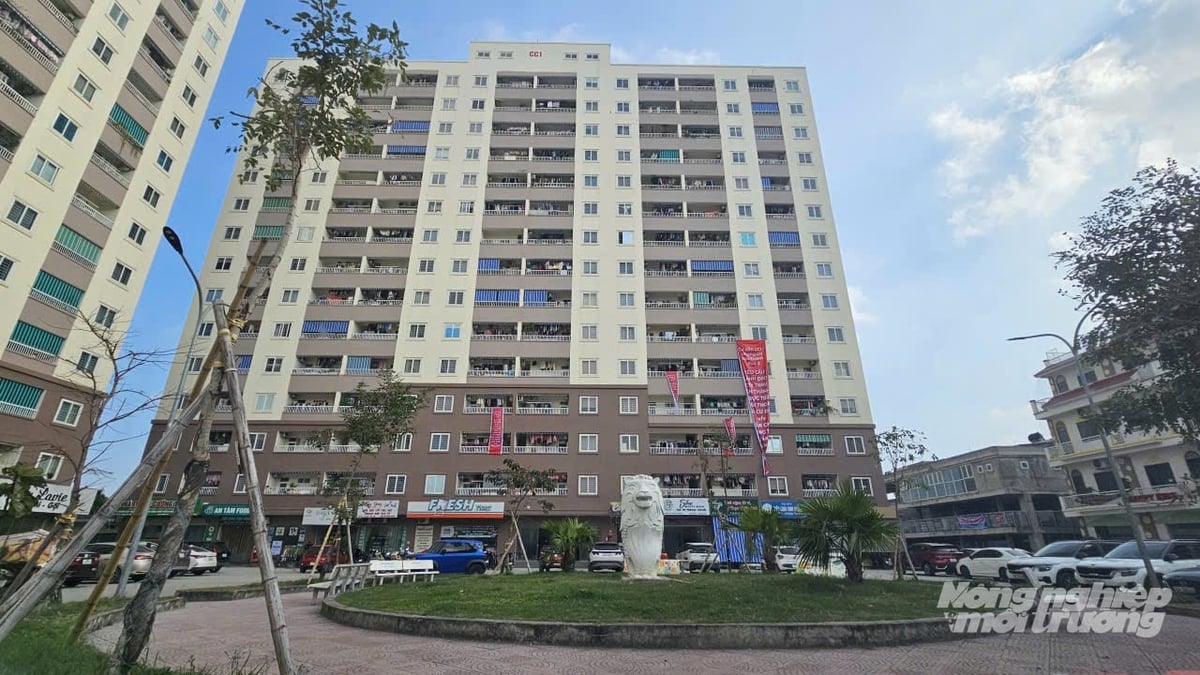 Người dân căng băng rôn tại chung cư CC1, đề nghị chủ đầu tư đối thoại về chất lượng dịch vụ. Ảnh: Quốc Toản.