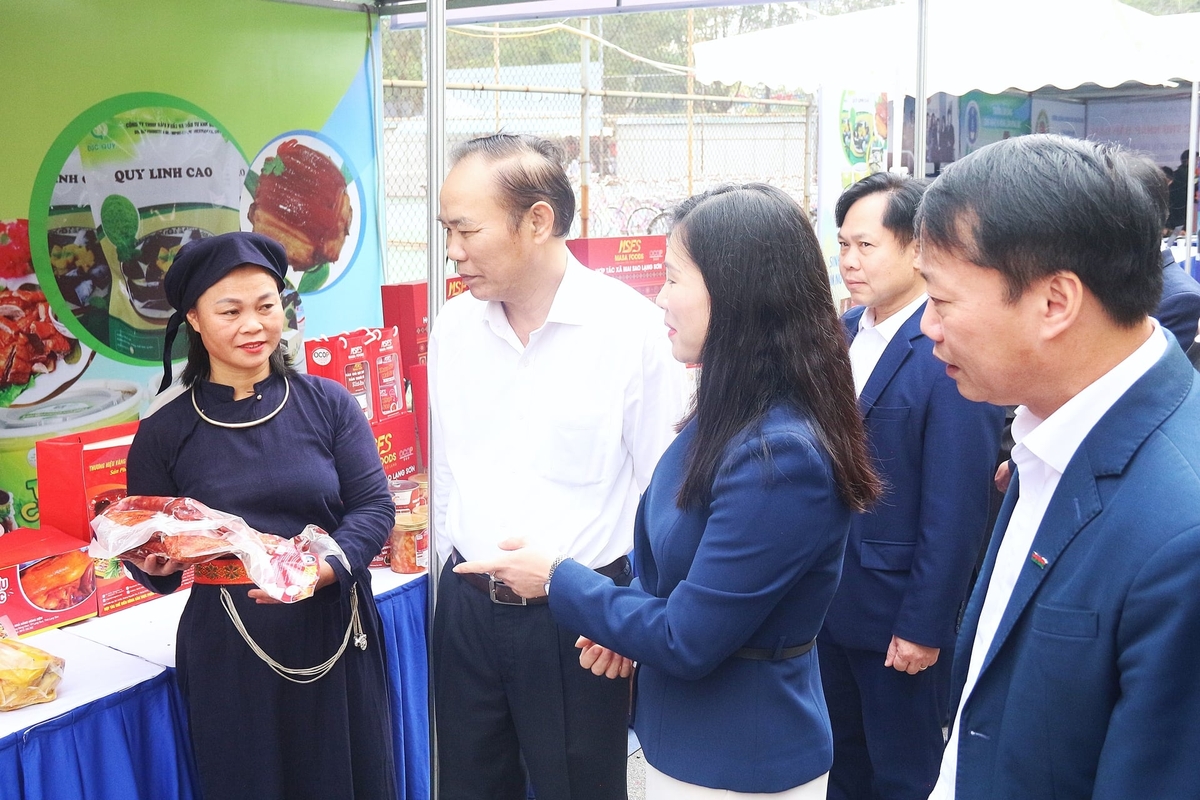 លោក ភួង ឌឹក ទៀន អនុរដ្ឋមន្ត្រីក្រសួងកសិកម្ម និងបរិស្ថាន (ពាក់អាវពណ៌ស) លោក ត្រឹន ថាញ់ ញ៉ាន អនុប្រធានគណៈកម្មាធិការប្រជាជនខេត្តឡាងសើន និងគណៈប្រតិភូដទៃទៀត ទស្សនាស្តង់ OCOP របស់ខេត្តឡាងសើន។ រូបថត៖ ទ្រុង ហ៊ីវ។