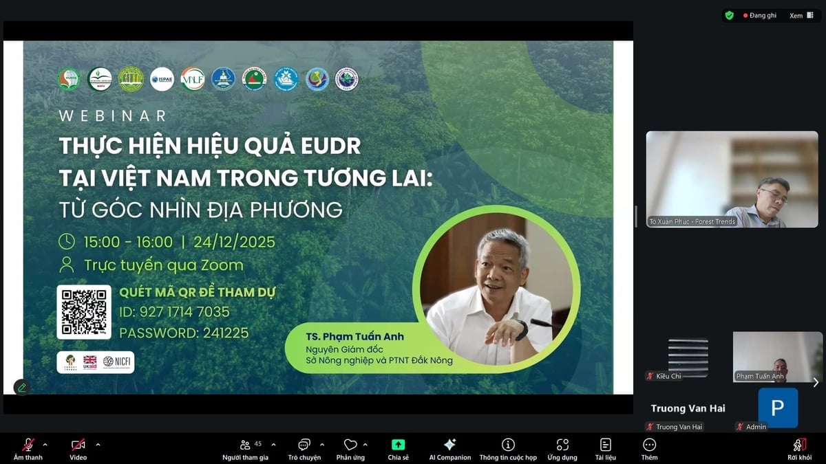 Hội thảo trực tuyến 'Thực hiện hiệu quả EUDR tại Việt Nam trong tương lai: Từ góc nhìn địa phương', chiều 24/12. Ảnh: Forest Trends.
