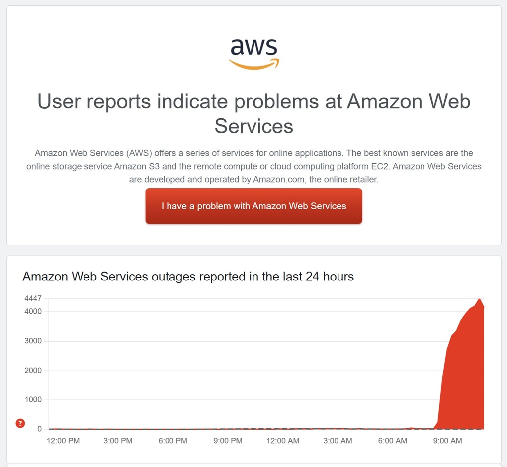 Amazon Web Services で再び障害が発生し、一連のインターネット サービスが停止しました。