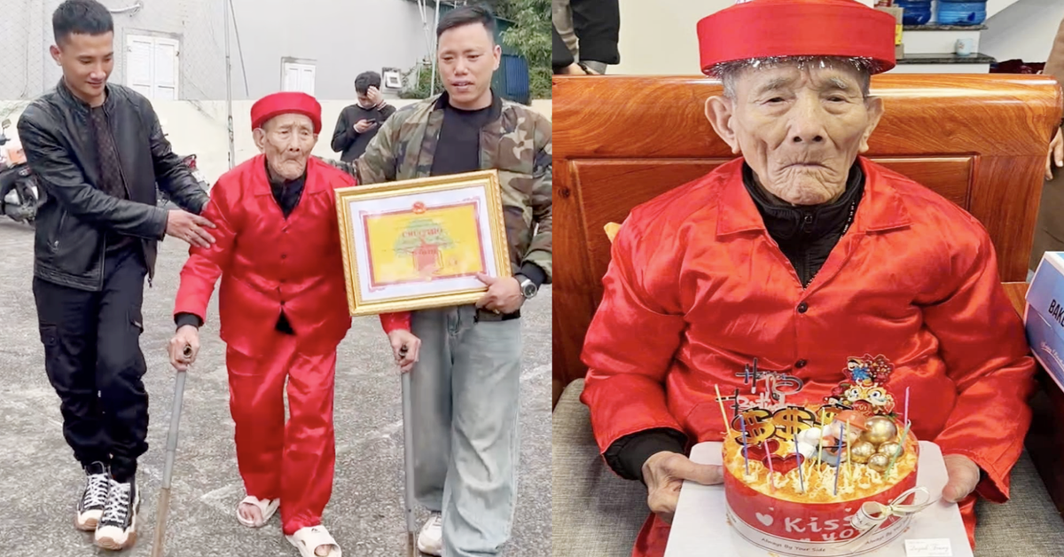 杖をついた112歳の男性が誕生日のお祝いを受け、若者たちが「幸運を祈る」ために駆けつける