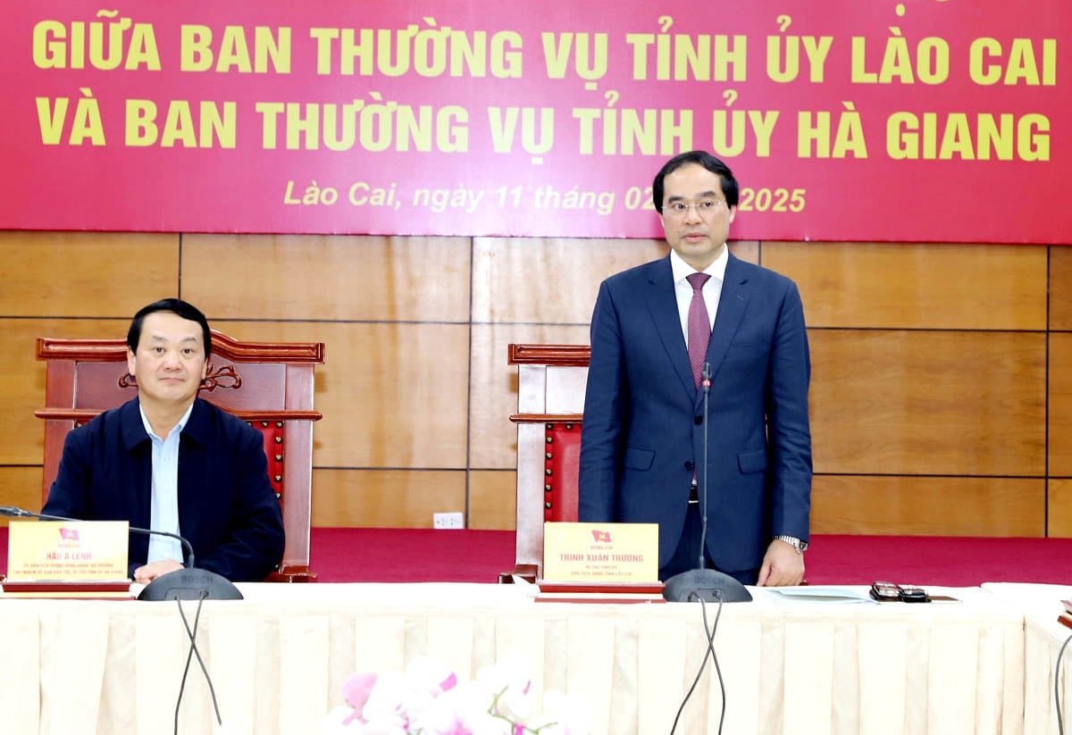 Le secrétaire du Parti provincial de Lao Cai, Trinh Xuan Truong, prend la parole lors de la réunion