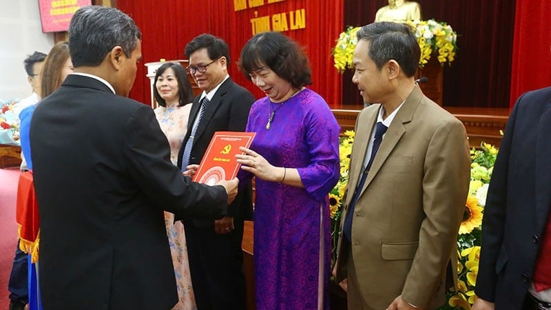 Party Central Committee member, Provincial Party Secretary Ho Van Nien presented the decision to comrade Pham Thi To Hai.