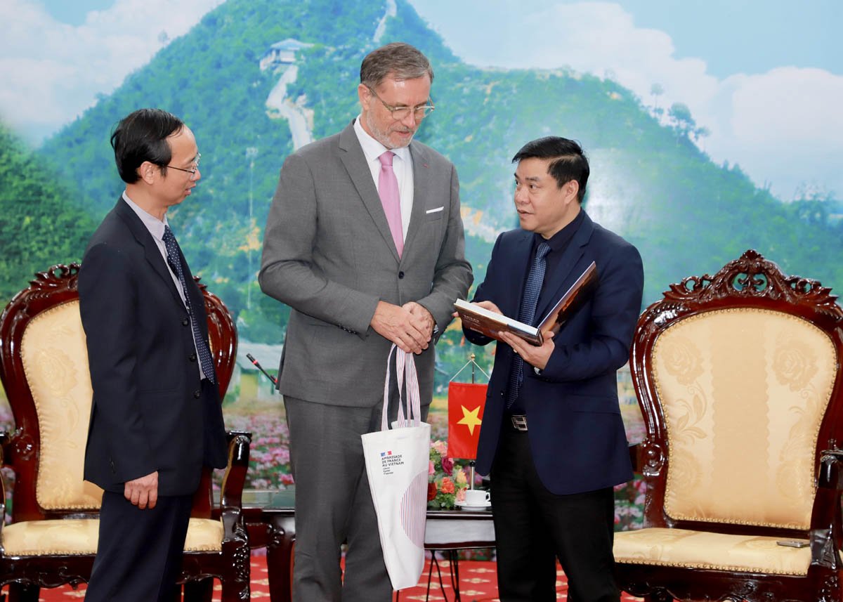 El Embajador entregó al Vicepresidente Permanente del Comité Popular Provincial, Hoang Gia Long, un libro sobre pueblos famosos y hermosos paisajes de Francia.