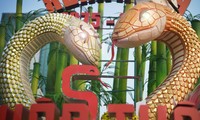 Close-up of the mascots Ngan Ty and Kim Ty at Nguyen Hue flower street