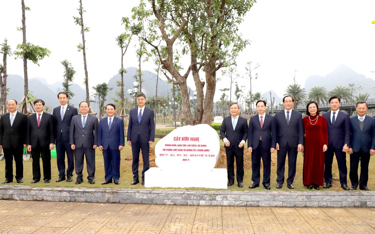 Bí thư Khu ủy Khu tự trị dân tộc Choang Quảng Tây và Bí thư Tỉnh ủy: Quảng Ninh, Hà Giang, Cao Bằng và Lạng Sơn chụp ảnh lưu niệm bên “Cây hữu nghị”.