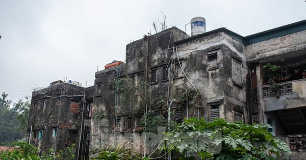 Close-up of a series of dilapidated apartment buildings in the center of Ha Long City