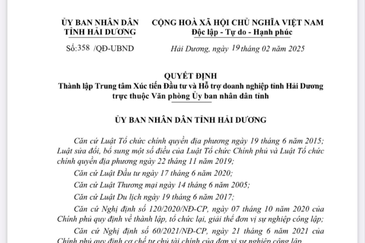 Thành lập Trung tâm Xúc tiến đầu tư và Hỗ trợ doanh nghiệp tỉnh Hải Dương