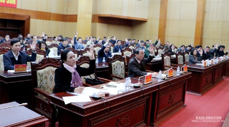 Delegates vote to pass the Resolution of the Provincial Party Executive Committee on approving the plan to reorganize the apparatus in the political system. Photo: THANH MAI