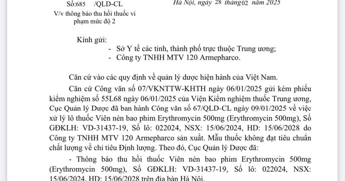 Thu hồi lô thuốc Erythromycin không đạt chất lượng