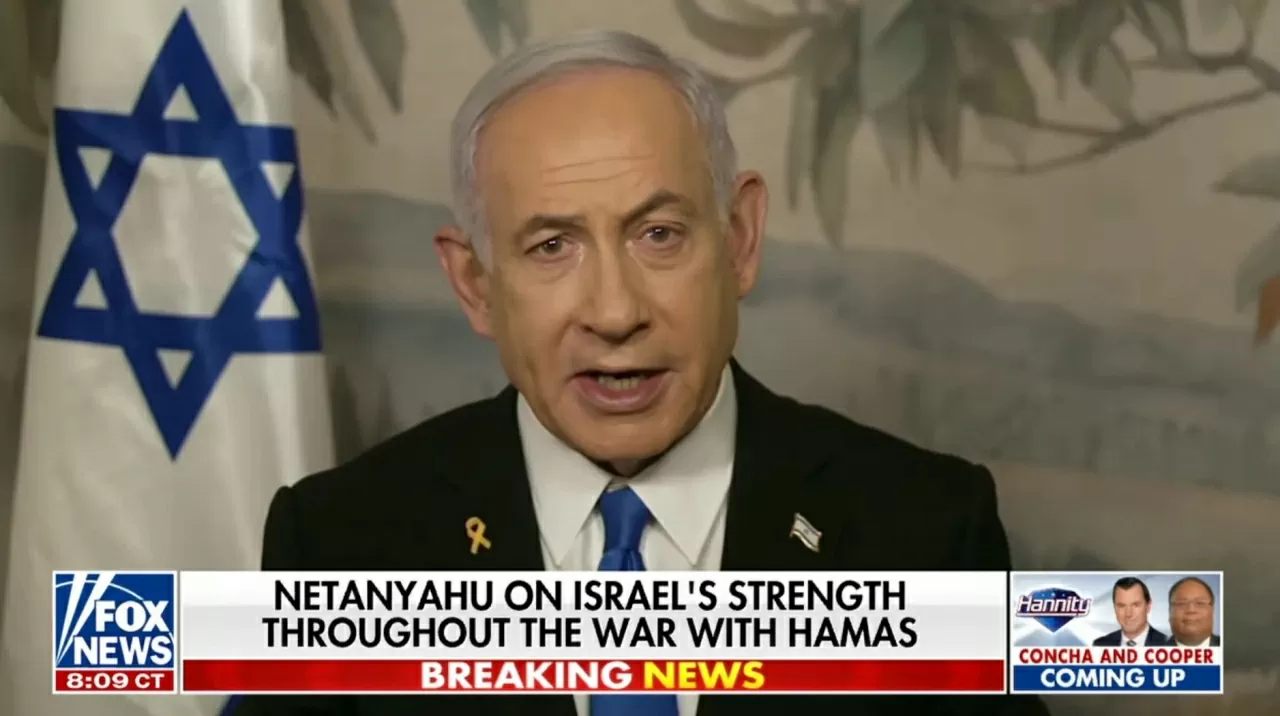 Thủ tướng Israel Benjamin Netanyahu trong cuộc phỏng vấn với Fox News vào tối 5/2, một ngày sau khi Tổng thống Donald Trump đề xuất Mỹ tiếp quản Dải Gaza. (Nguồn: Fox News)