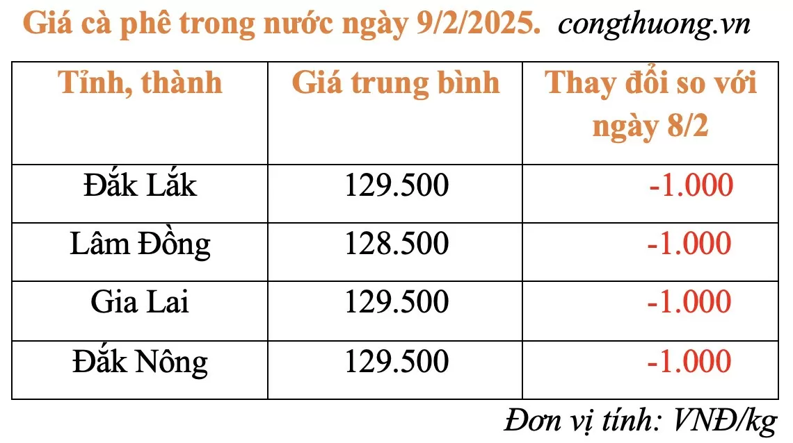 Giá cà phê hôm nay 9/2/2025: