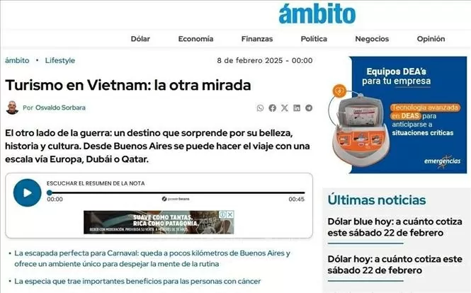 Tờ Ambito của Argentina đã đăng bài viết ca ngợi vẻ đẹp đất nước, con người và văn hóa Việt Nam. Ảnh: Diệu Hương - PV TTXVN tại Argentina