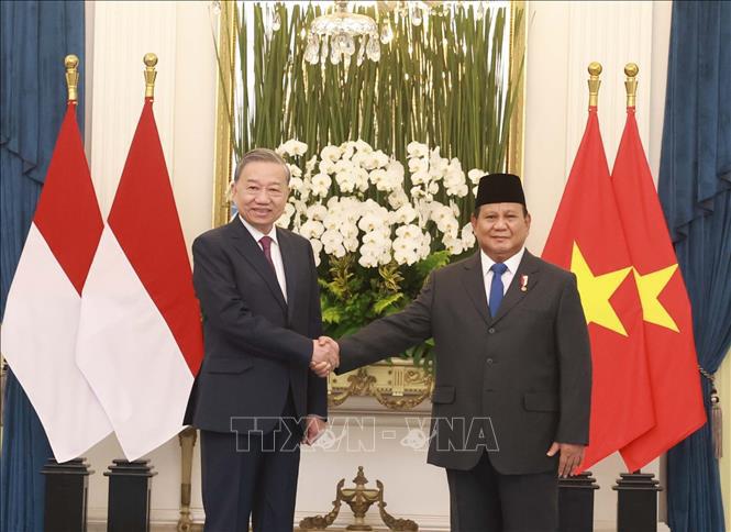 Le président indonésien Prabowo Subianto et le secrétaire général To Lam ont pris une photo ensemble avant de s'entretenir. Photo : VNA