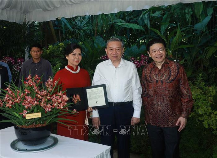 General Secretary To Lam and his wife, along with Singaporean Prime Minister Lawrence Wong, attended the naming ceremony of a new orchid species named 'To Lam Linh Ly' at the Singapore National Botanic Gardens. (Photo: Thong Nhat/VNA)