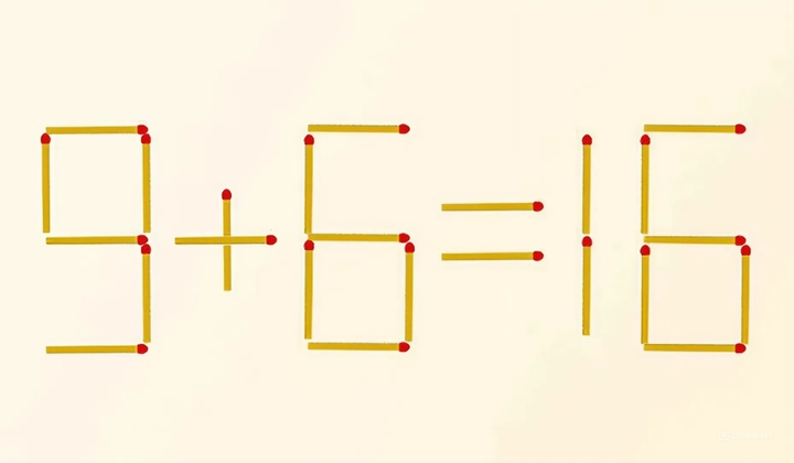 เลื่อนไม้ขีดไฟเพื่อเปลี่ยนสมการ 9 + 6 = 16 จากเท็จเป็นจริง