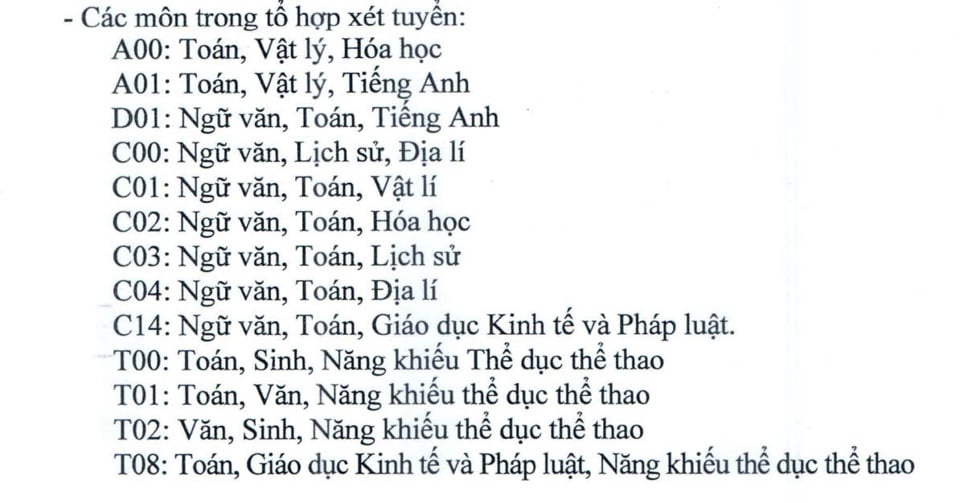 Các môn trong tổ hợp xét tuyển của nhà trường.