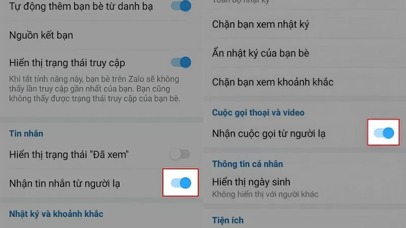 Gạt nút sang bên trái tại mục Nhận tin nhắn từ người lạ và Nhận cuộc gọi từ người lạ