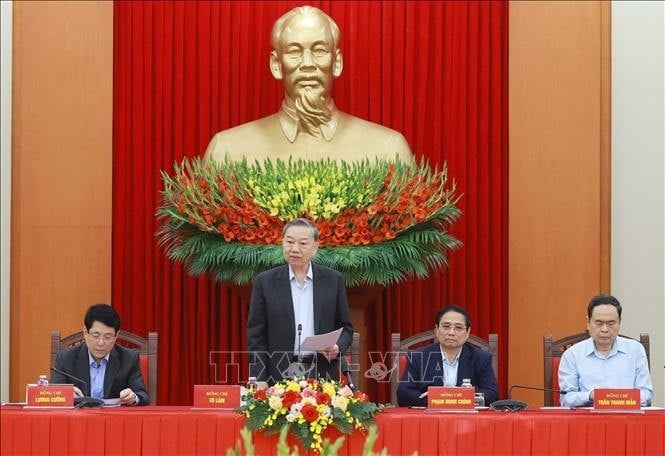 Generalsekretär To Lam, Vorsitzender des Dokumentenunterausschusses des 14. Nationalkongresses der Partei, spricht. Foto: Thong Nhat/VNA