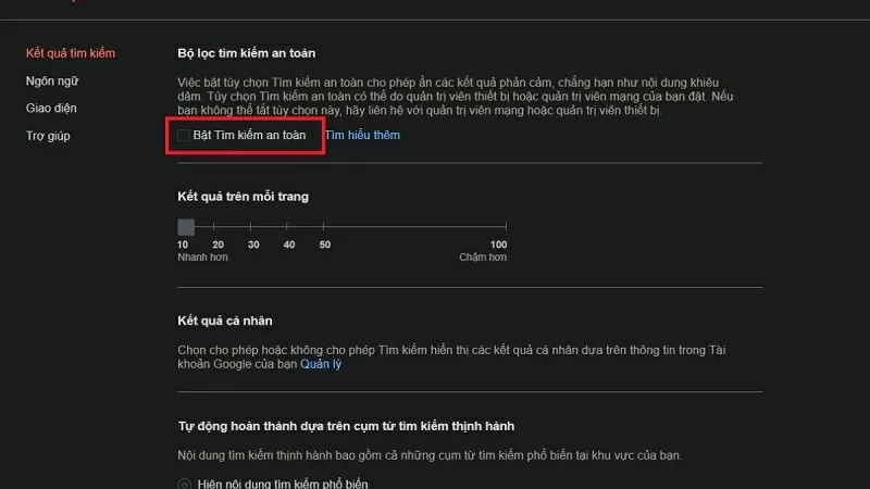 Bỏ đánh dấu tại mục “Bật Tìm kiếm an toàn”