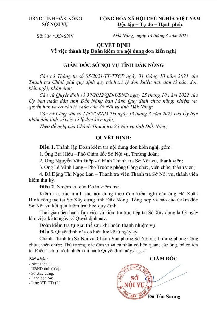 Sở Nội vụ tỉnh Đắk Nông công bố Quyết định về việc thành lập Đoàn kiểm tra nội dung đơn kiến nghị.