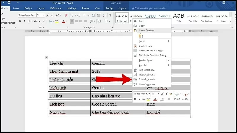 Nhấn vào Table Properties
