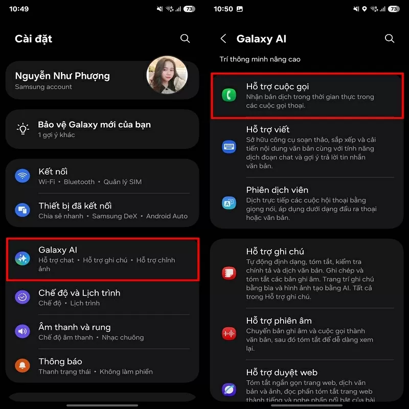 Nhấn chọn vào Galaxy AI và chọn Hỗ trợ cuộc gọi