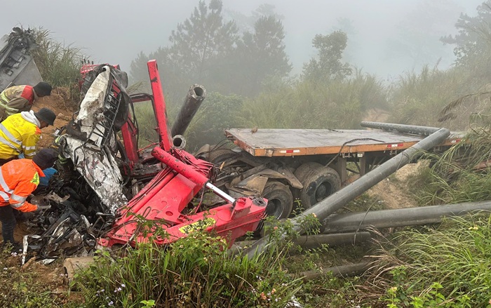 電柱を積んだトラックが奈落の底に転落、2人死亡、1人負傷 -0