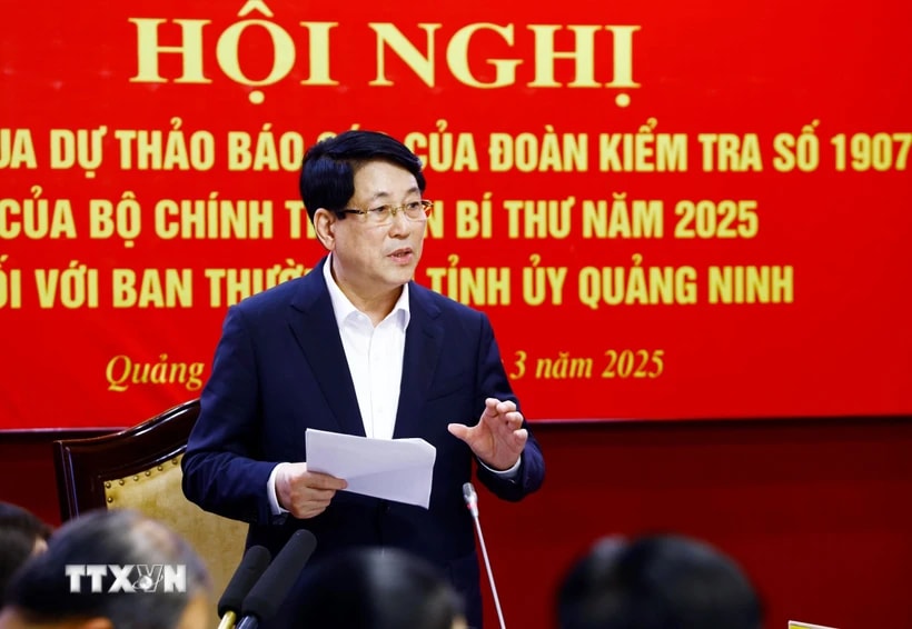 Le membre du Politburo, le président Luong Cuong, chef de l'équipe d'inspection n° 1907, a prononcé un discours directif. (Photo : Lam Khanh/VNA)