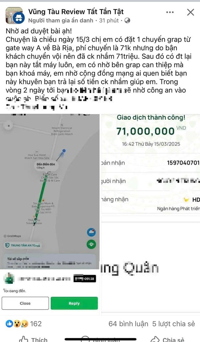 I mistakenly transferred 71 million VND via Grab and currently cannot contact the driver. Photo 1