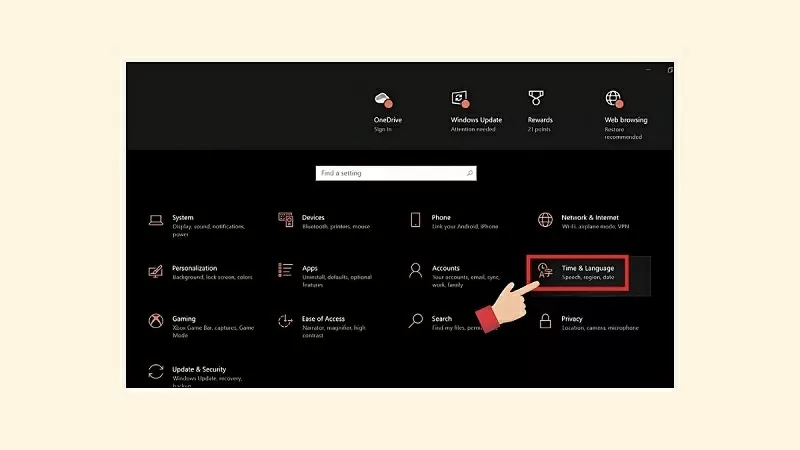 Nhấn chuột vào mục Thời gian & Ngôn ngữ