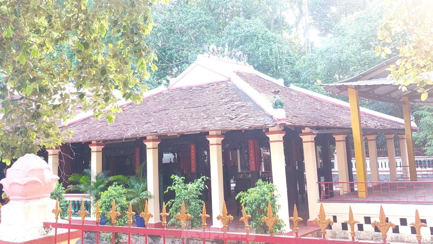 Raíces únicas de un árbol baniano que abrazan dos puertas de una casa comunal de 200 años de antigüedad en Binh Duong, foto 4