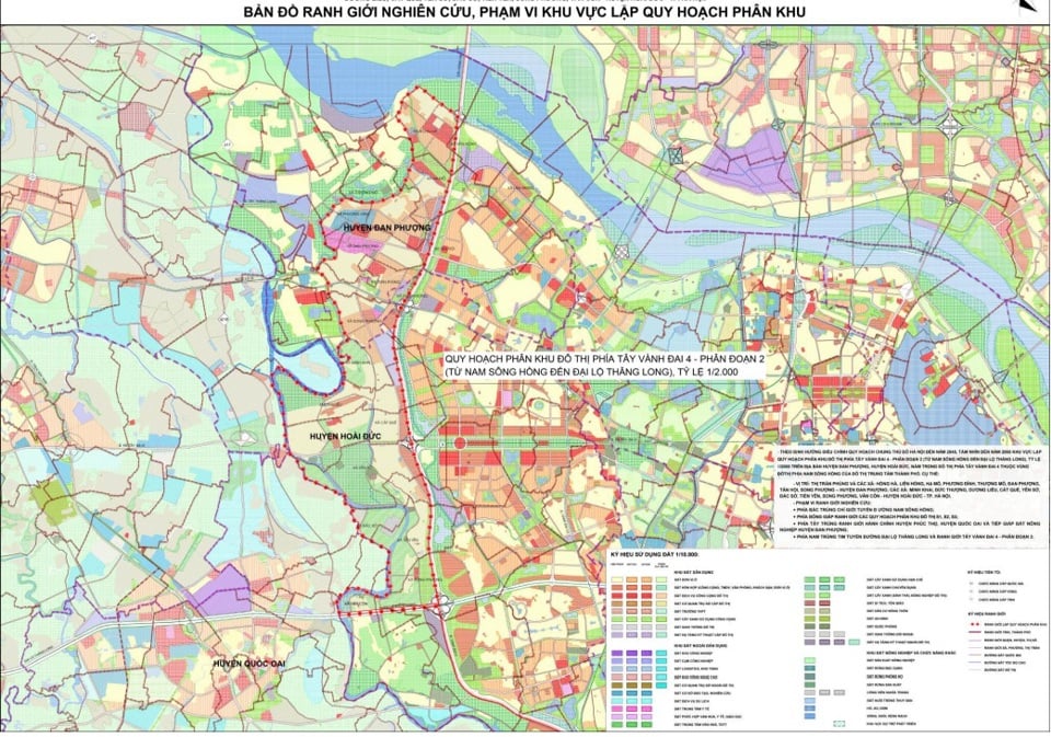 Map of research boundaries, scope of urban subdivision planning area west of Ring Road 4 - segment 2 (from South of Red River to Thang Long Avenue), scale 1/2,000.