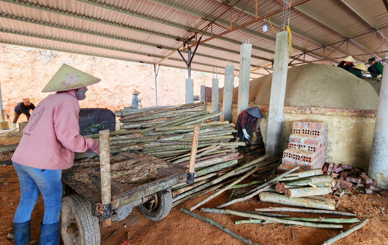 ដាក់ឈើ eucalyptus ចូលទៅក្នុងឡ។