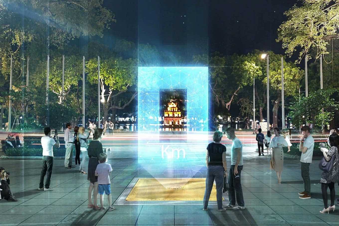 ¿Cómo está diseñado el hito Km0 junto al lago Hoan Kiem?