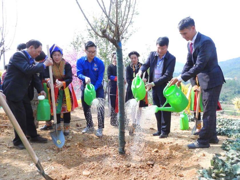 Các đại biểu tham gia trồng cây hoa Anh đào tại Lễ hội Hoa Anh đào - Kỳ Thượng năm 2025.