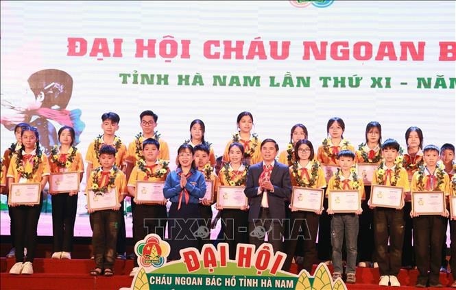 Hội đồng Đội tỉnh Hà Nam tuyên dương, khen thưởng Cháu ngoan Bác Hồ cấp tỉnh. Ảnh: TTXVN