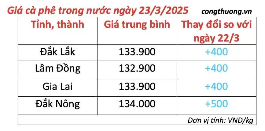 Giá cà phê hôm nay 23/3/2025 trong nước