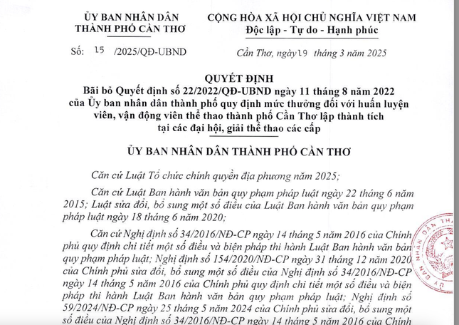 Lý do Cần Thơ bỏ quyết định chi thưởng thể thao sau 2 năm áp dụng ảnh 1