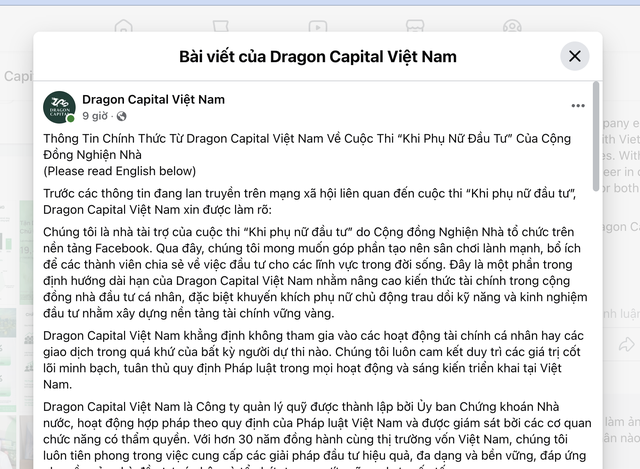 Dragon Capital dính lùm xùm về cuộc thi "Khi phụ nữ đầu tư"- Ảnh 1.