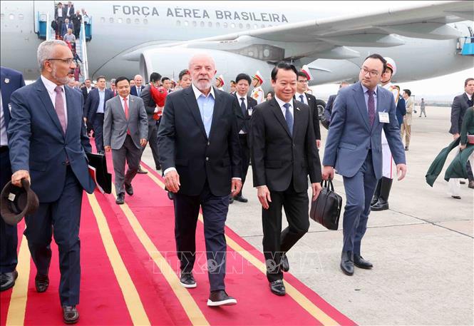 Landwirtschafts- und Umweltminister Do Duc Duy begrüßt den brasilianischen Präsidenten Luiz Inácio Lula da Silva am internationalen Flughafen Noi Bai in Hanoi. Foto: Pham Kien/VNA