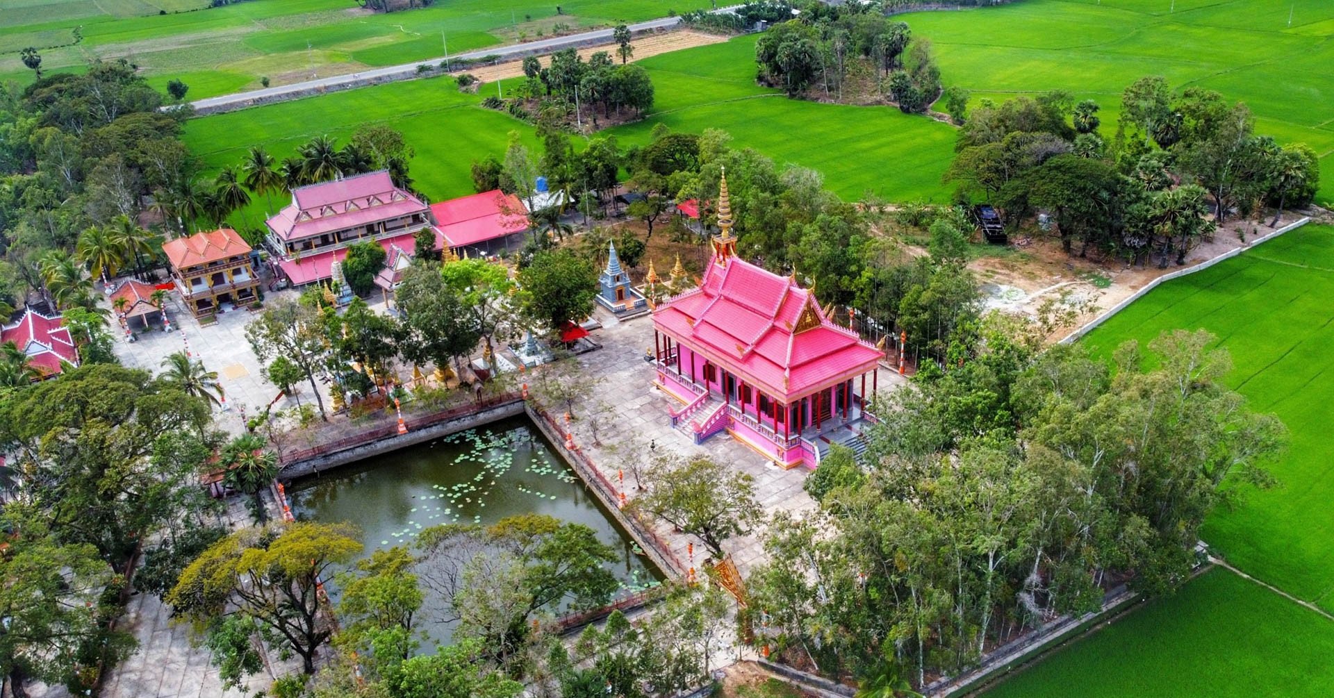 The bright pink pagoda with rows of ancient trees is rare in An Giang