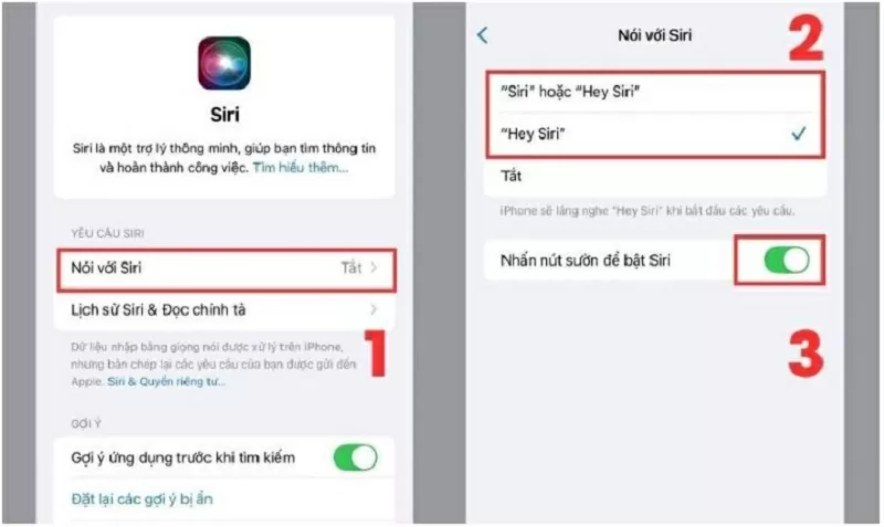 Bật công tắt tại mục Nhấn nút sườn để bật Siri